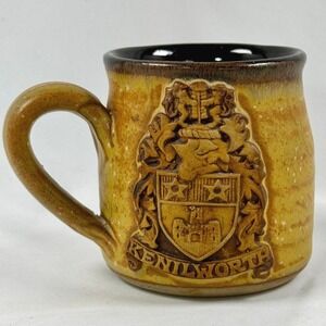 Kenilworth UK Coat of Arms Studio Pottery Mug Mustard Brown Glazed Stoneware